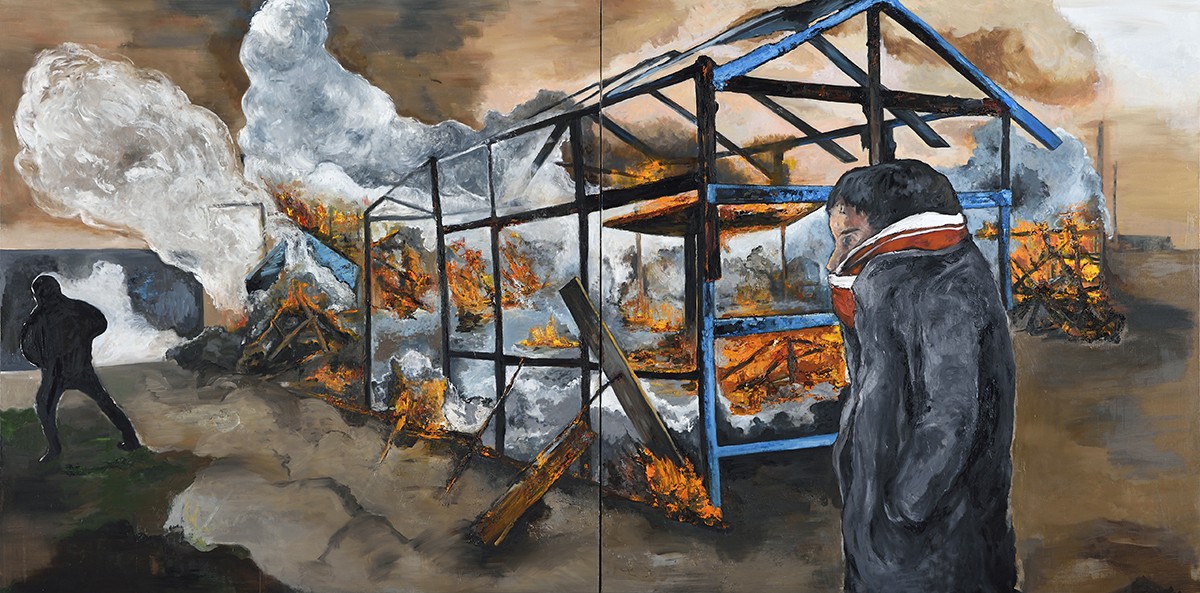 Le démantèlement, Calais, huile sur toile, 200x400 cm, 2017.